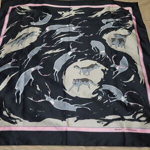Vintage Jocelyne Mange Bomar Art Scarf Wolves Moon Night Black Pink Border